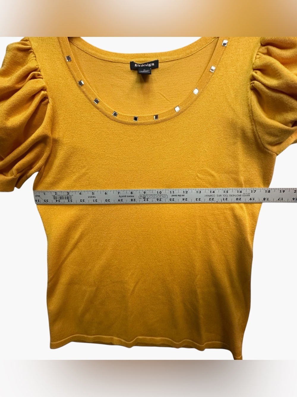 BYdesign Mustard Gold Puff Sleeve Studded Scoop Neck Knit Top XL - Picture 7 of 11